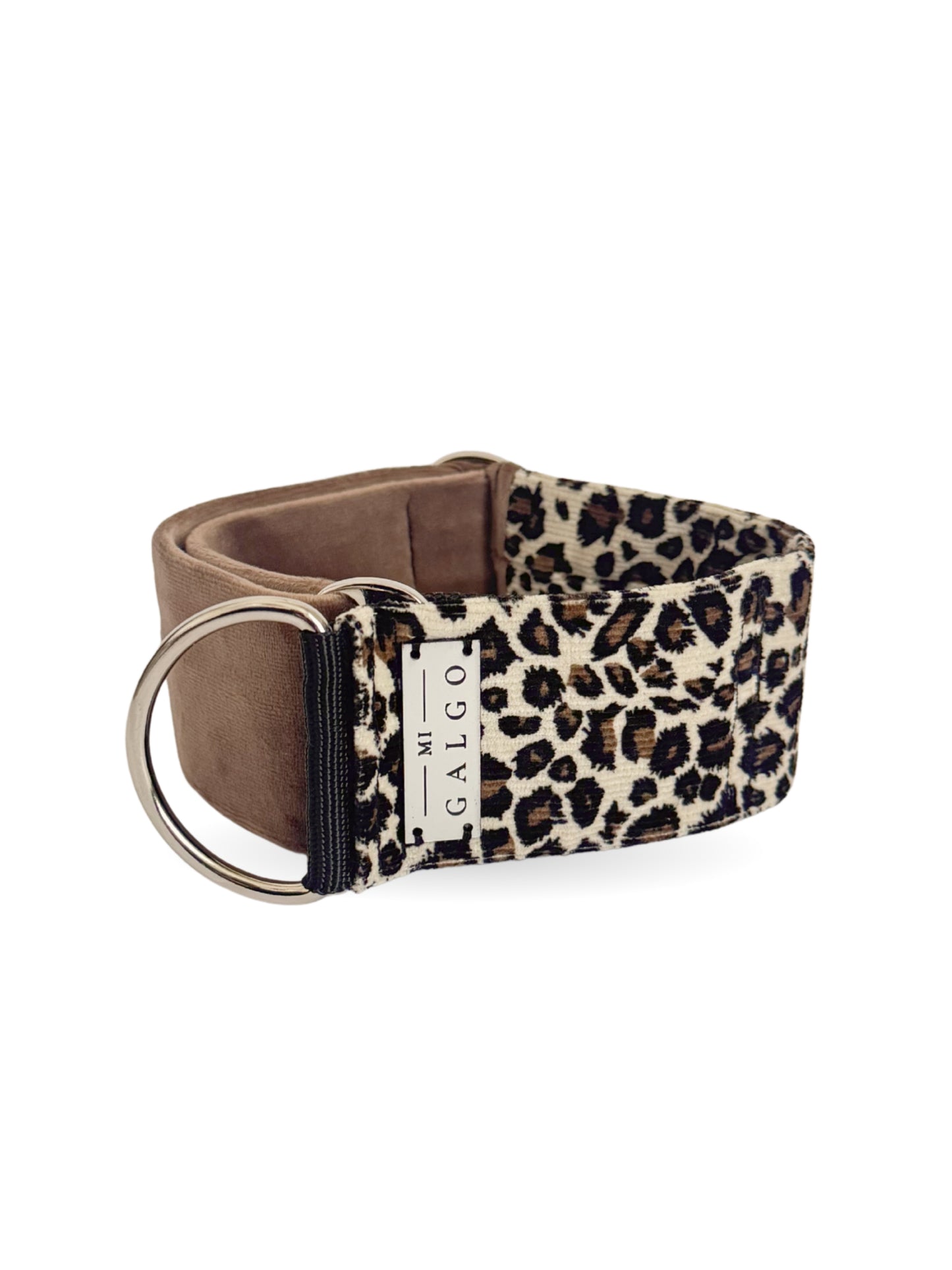 Peggy limited slip collar - sand velour with leopard print velvet panel and silver hardware